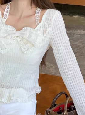 拉拉家2025秋季新款蝴蝶结装饰针织修身长袖挂脖上衣女GZJ68226