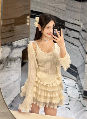 纯白之恋立体花边白色仙女针织开衫背心套装GPH68140