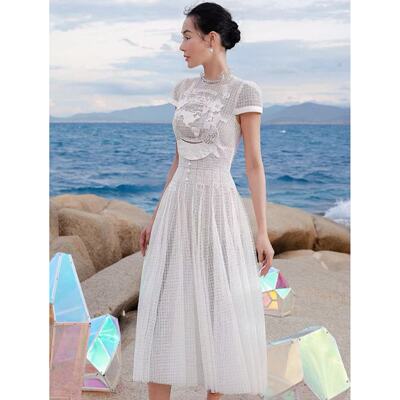 越南小众设计师温柔气质镂空蕾丝显瘦百褶收腰连衣裙GSEN5461