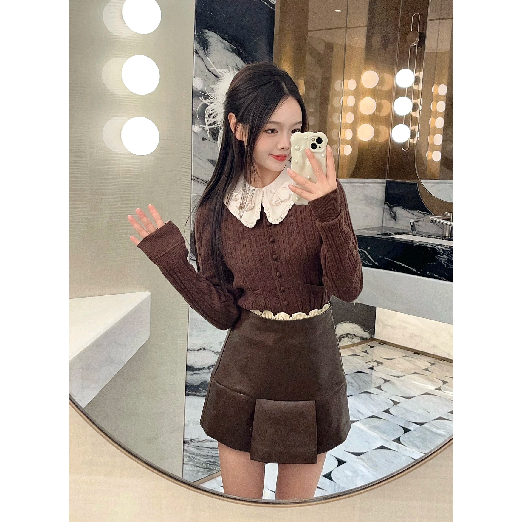 拉拉家25冬季新款立体花翻领棕色针织开衫上衣GFC25355