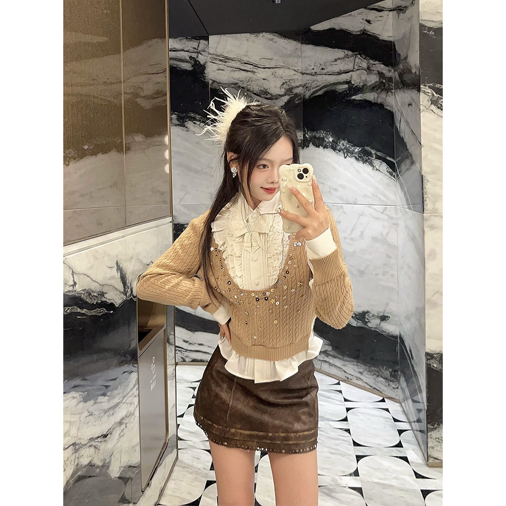 拉拉家2025冬季新款亮片钉珠假两件针织拼接套头上衣GFC250106