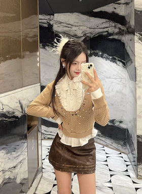 拉拉家2025冬季新款亮片钉珠假两件针织拼接套头上衣GFC250106