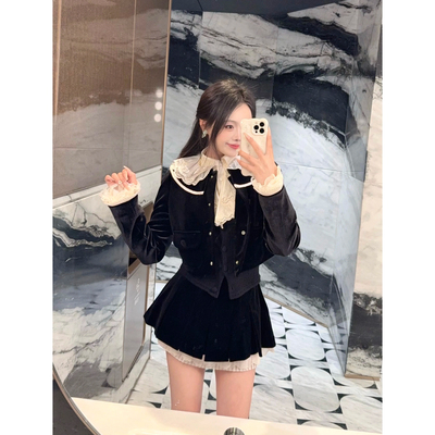 拉家26早春新品洛可可宫廷风蕾丝拼接丝绒外套上衣GFC250163