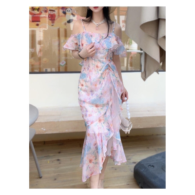 小众设计师橙花郁金香吊带连衣裙碎花裙GJL68013