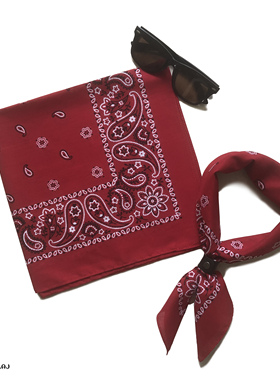 红色纯棉双面扎染印花54cm方巾嘻哈风腰果花美式复古风潮头巾蒙面