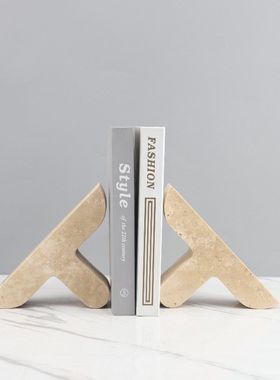 极简侘寂风天然黄洞石人字型书档书立装饰摆件书柜客厅家居装饰品