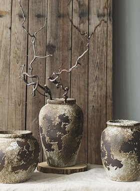 复古侘寂风会所室内花瓶民宿摆件酒店家居陶瓷花瓶禅意粗陶陶罐