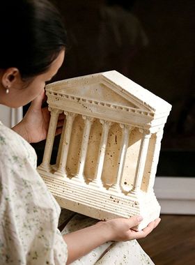 高级感黄洞石建筑雕刻摆件创意家居样板间软装饰品搭配设计