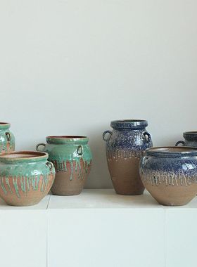 手工三耳罐 粗陶陶罐坛子复古花器插花瓶景德镇陶瓷陶艺装饰摆件