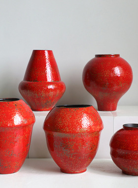 新中式禅意红色陶瓷陶罐家居客厅复古干支花瓶茶室软装饰品摆件