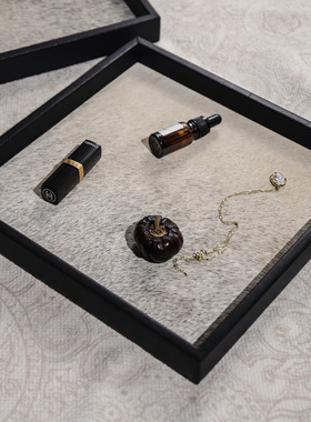 多莫家居黑色皮革包边真马毛托盘中古风家居首饰收纳盘摆件高级