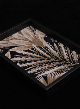 黑色纹理香薰皮革收纳盘客厅玄关摆件售楼处会所新中式收纳托盘