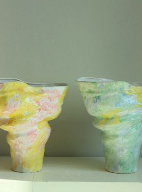 小清新彩色手绘粉色大口陶瓷花瓶高级轻奢设计小众客厅摆件样板房