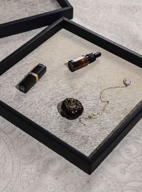 多莫家居黑色皮革包边真马毛托盘中古风家居首饰收纳盘摆件高级感