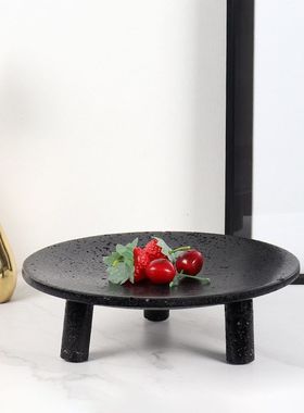 现代简约大理石黑色圆形高脚果盘