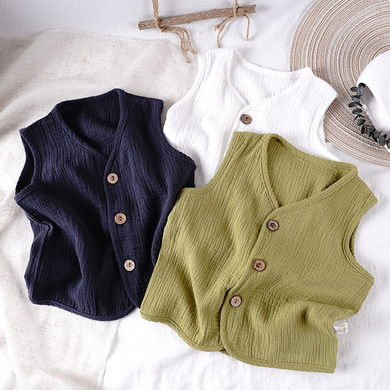 文艺范~夏儿童宝宝纯棉双层纱背心短袖 男女童薄款凉爽坎肩马甲