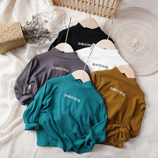 福利春新儿童宝宝坑条莫代尔长袖T恤男女童百搭半高领打底体恤衫