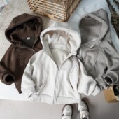 原创新品 纯棉保暖拉链外套 男女童森系加绒宽松连帽上衣儿童春新款