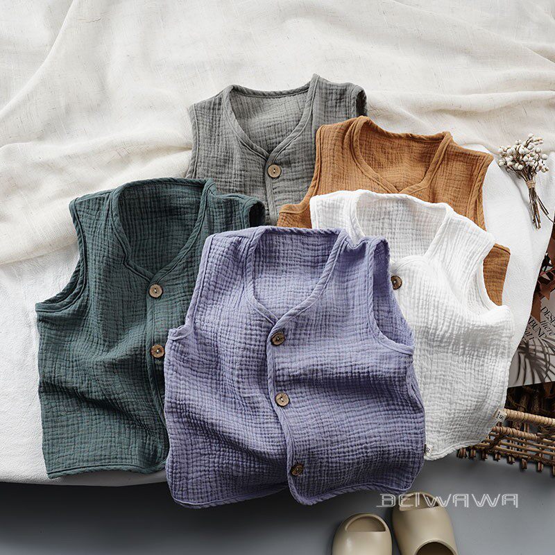 日系棉麻风~夏宝宝双层棉纱透气背心马夹 男女童薄款凉爽坎肩马甲