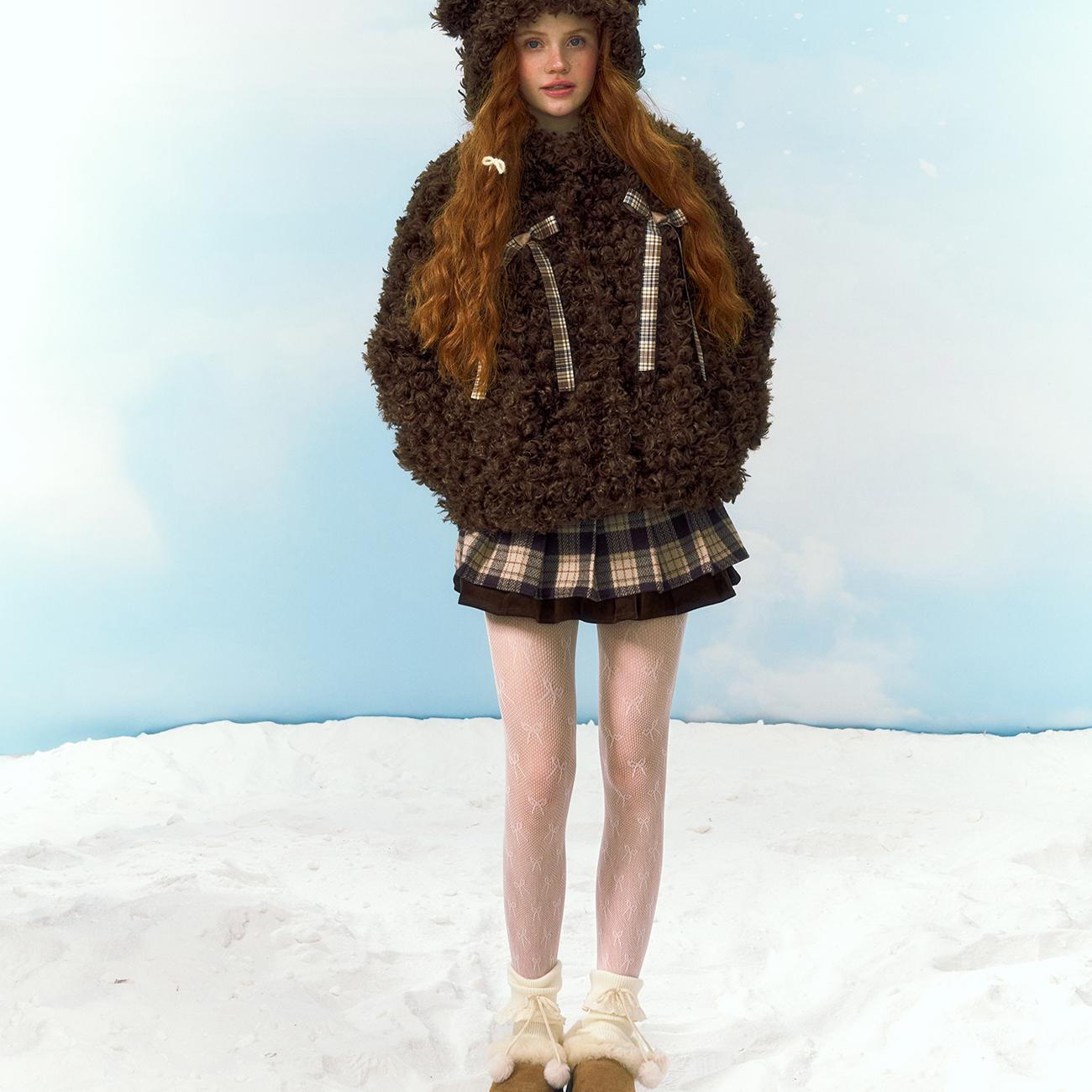 Narrator原创设计巧克力小熊帽卷毛宽松夹棉仿皮草毛毛短外套可爱