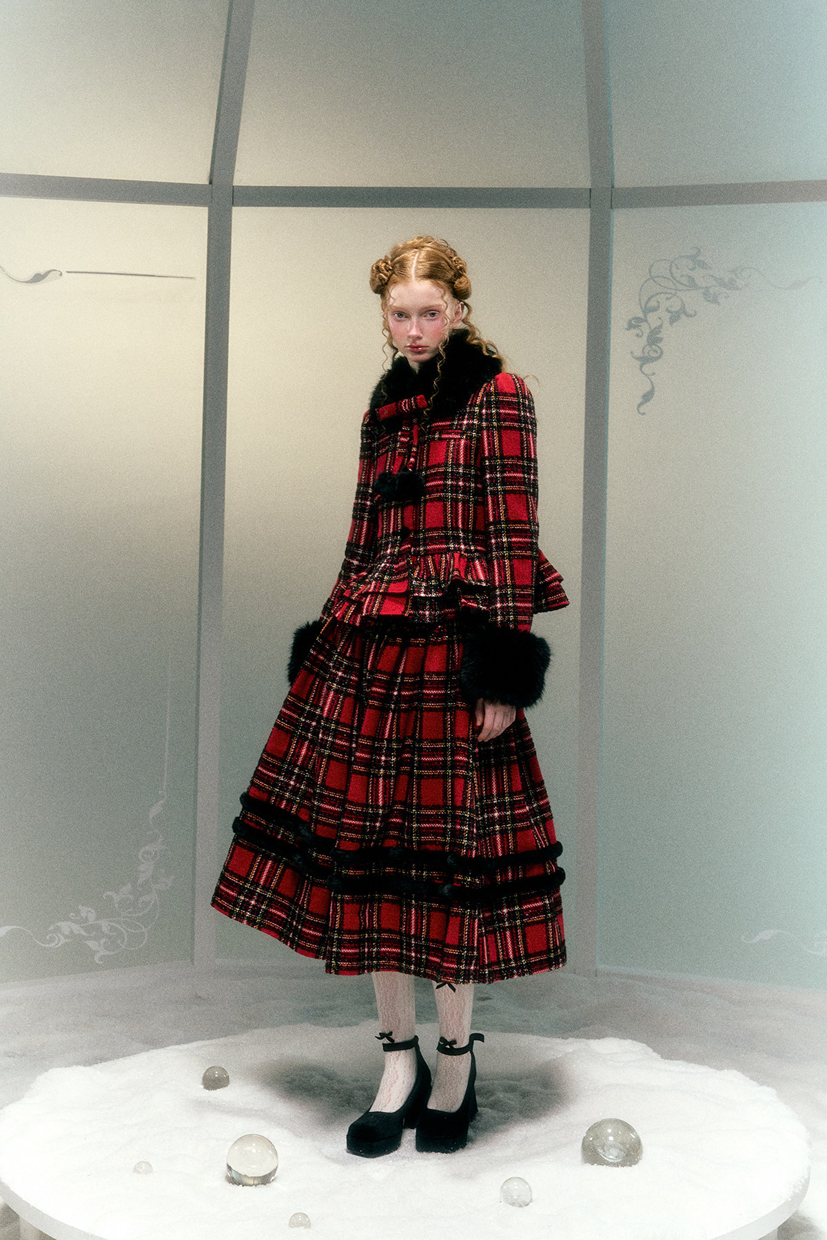 Narrator原创设计红黑格纹可拆卸毛领毛球圣诞毛呢外套半身裙套装,女装/女士精品,时尚套装,淘宝优惠券,粉丝福利购,淘宝优惠卷