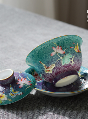  手工扒花渐变盖碗茶杯景德镇陶瓷手绘粉三才盖碗泡茶杯茶具