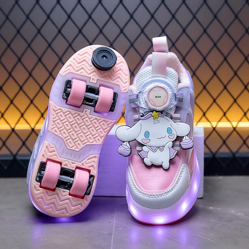 女童双轮暴走鞋二棉加绒儿童新款鞋网面鞋发光旋纽溜冰鞋可收缩滑