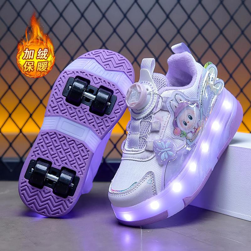 暴走鞋女童四轮加绒保暖儿童帅气轮滑鞋小学生滑轮闪灯炫酷溜冰鞋