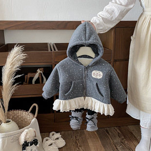 点兮冬季新款婴幼儿碎花针织连帽外套女宝宝加绒开衫打底裤两件套