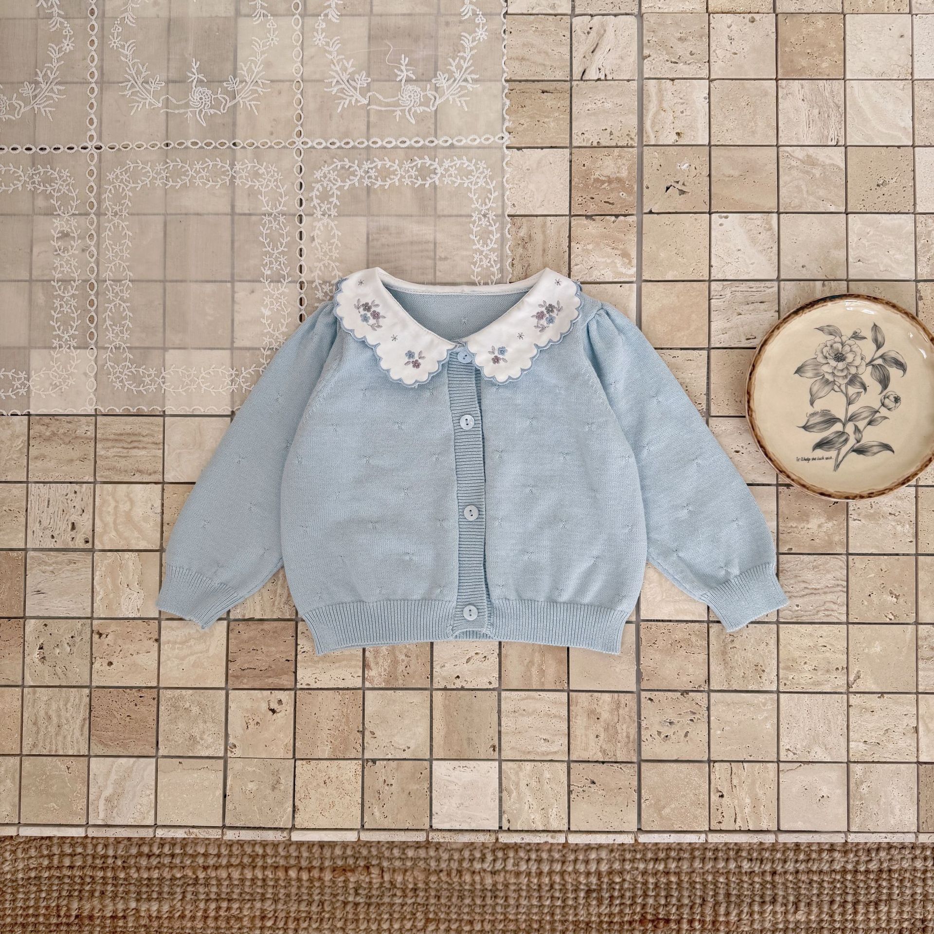 Ctuemily女童装秋 跨境ins绣花领毛衣开衫 女宝百搭翻领针织外套