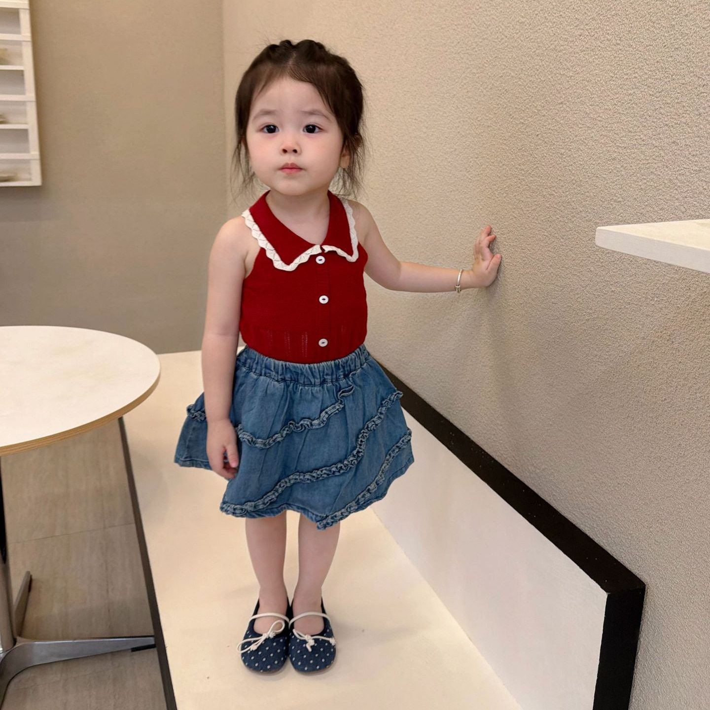 Cutemily春夏女婴童可爱挂脖上衣背心+女宝百褶花边柔软牛仔短裤