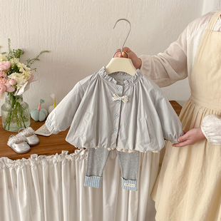 春季新款婴幼儿棉布外套套装女宝宝花苞开衫卷边打底裤两件套