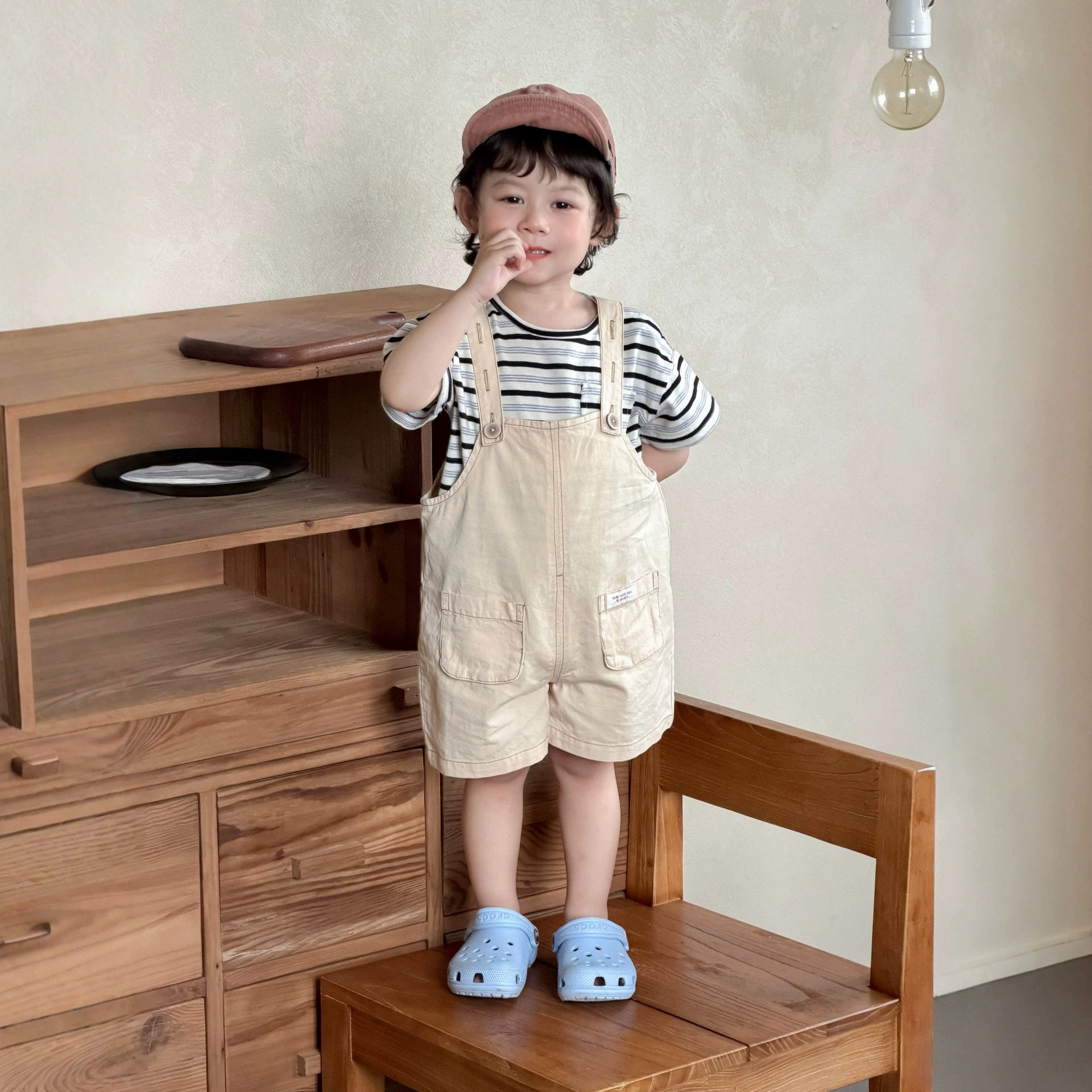 儿童条纹短袖T恤衫夏季薄款2026韩版童装宝宝衣服男童背带裤套装