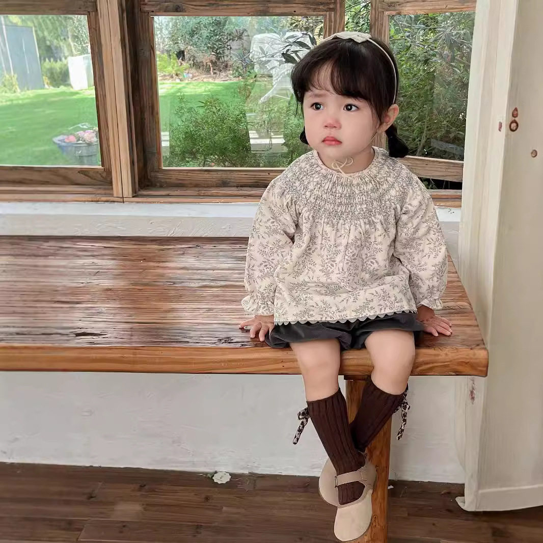 Cutemily女童装ins秋冬棉质打揽衬衫女婴童碎花圆领磨毛娃娃衬衫
