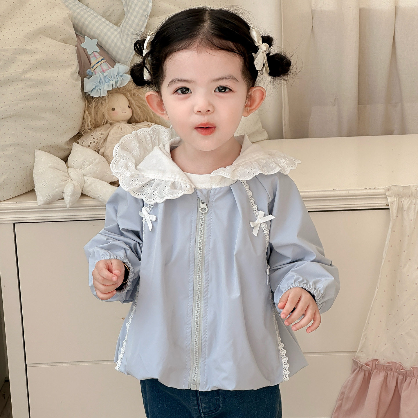 点兮春季新款婴幼儿蝴蝶结连帽外套套装女宝花边开衫牛仔裤两件套