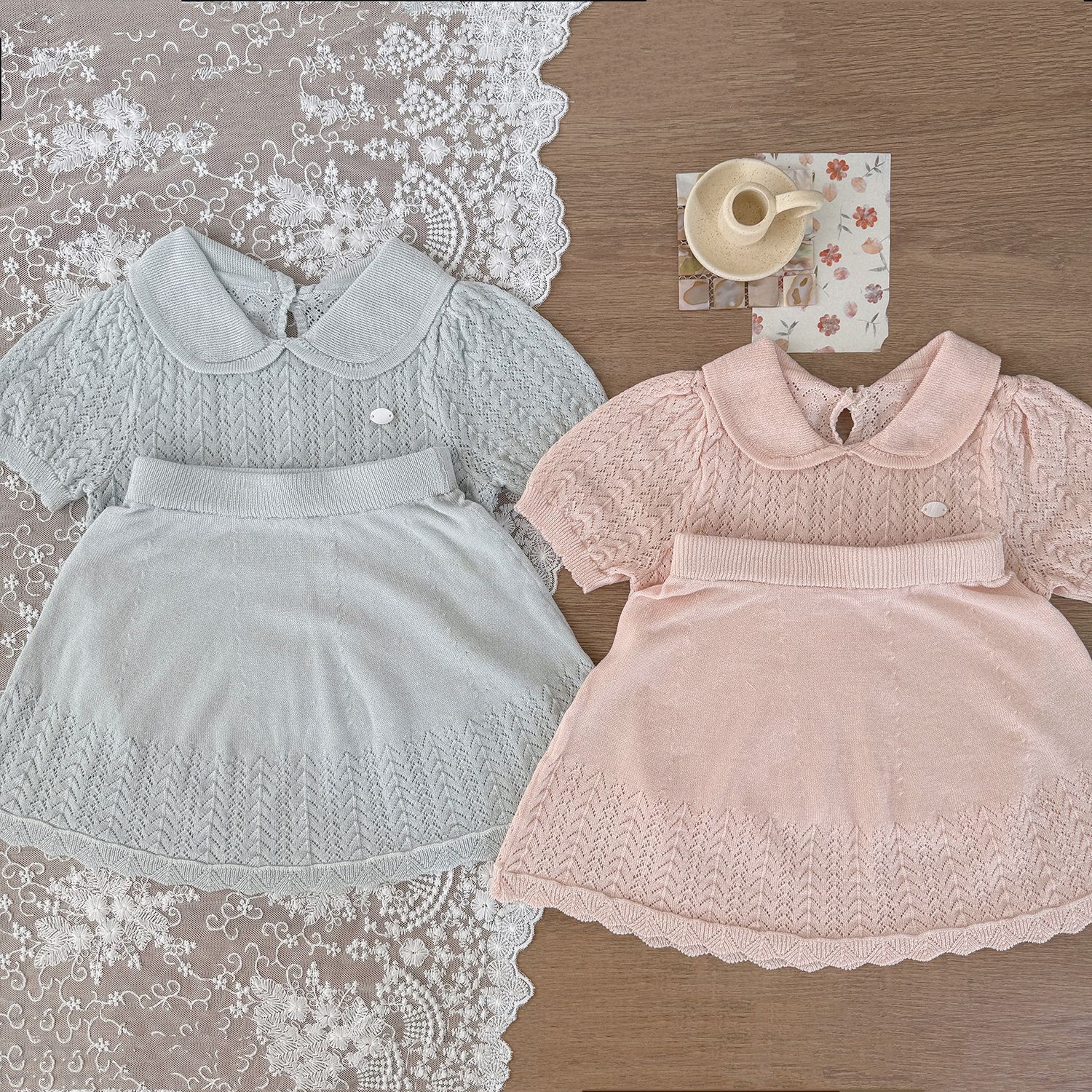 Cutemily夏ins女婴童学院风天丝针织衫女宝元宝领上衣+半裙2件套