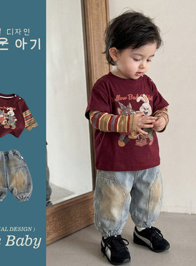 男童秋季衣服套装1男宝宝牛仔裤假两件条纹T恤超酷两件套洋气秋装