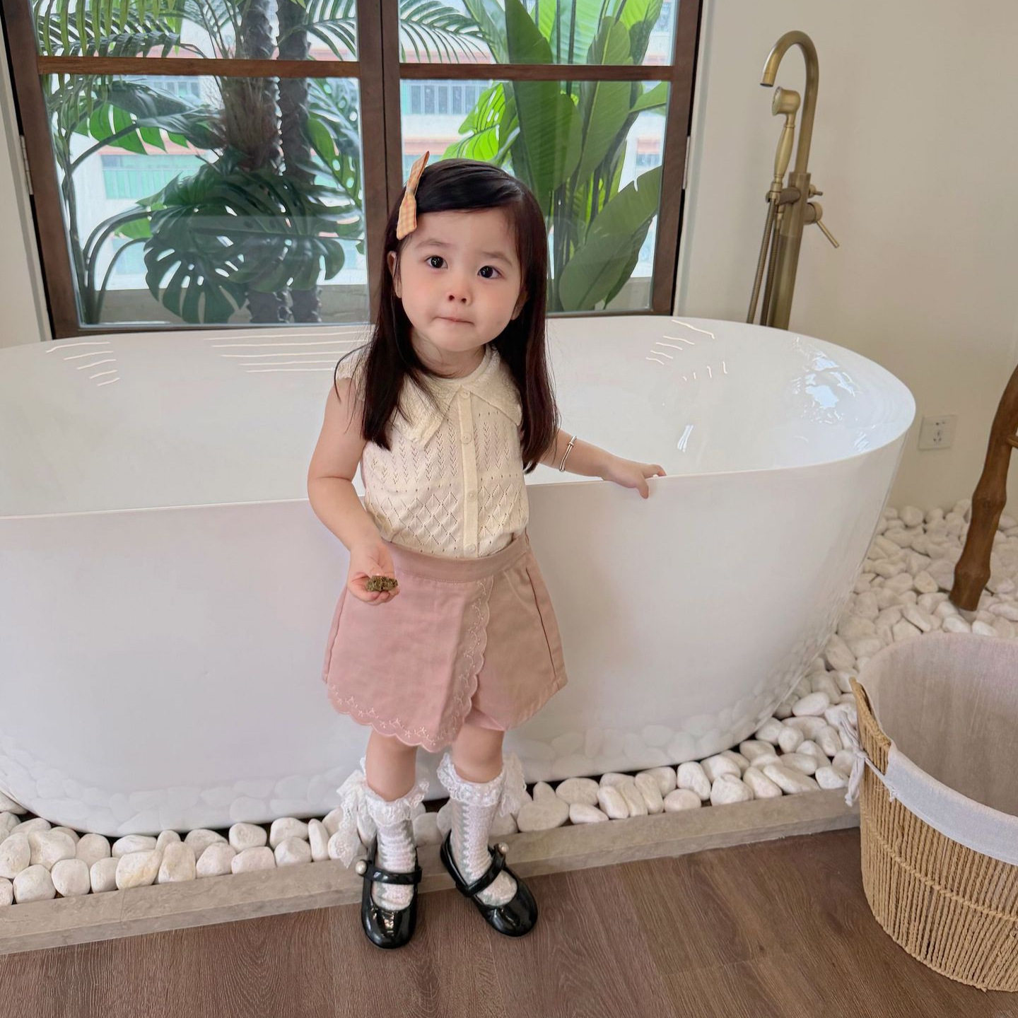 Cutemily夏女婴童翻领针织上衣女宝荷叶领镂空薄款背心+绣花裙裤
