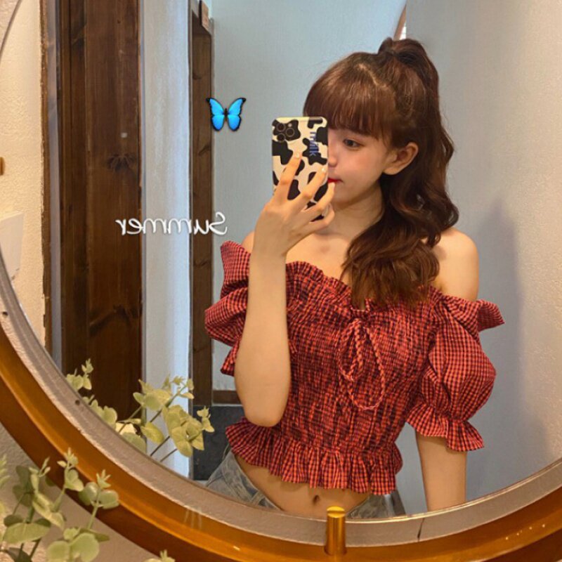 小众设计感复古格子短款上衣衬衫女夏季韩版气质收腰修身短袖衬衣在类目 女装/女士精品, 衬衫中 - 来自Buy2taobao.com提供专业的淘宝代购服务