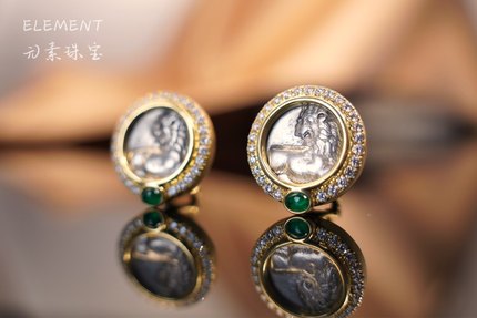 Element元素 古币耳钉公元前古希腊回首狮耳夹祖母绿钻石耳拍女款