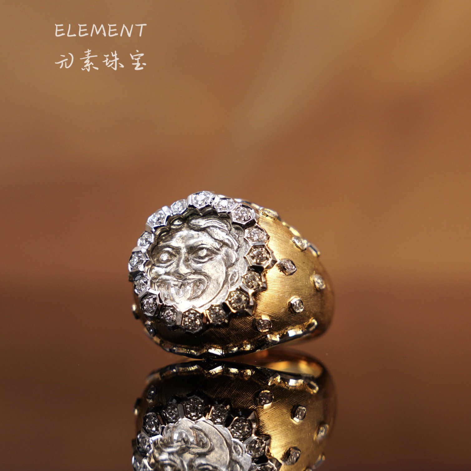 Element元素古希腊美杜莎18k金天然钻石拉丝真古币戒指男女百搭简
