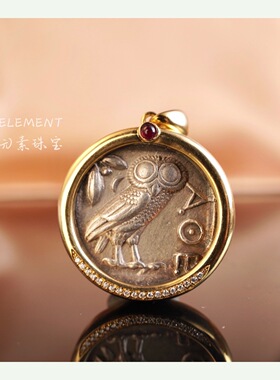 Element古币吊坠18K金红宝石钻石古希腊银币猫头鹰雅典娜寓意百搭