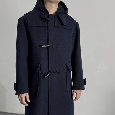 牛角扣毛呢大衣中长款休闲海军蓝