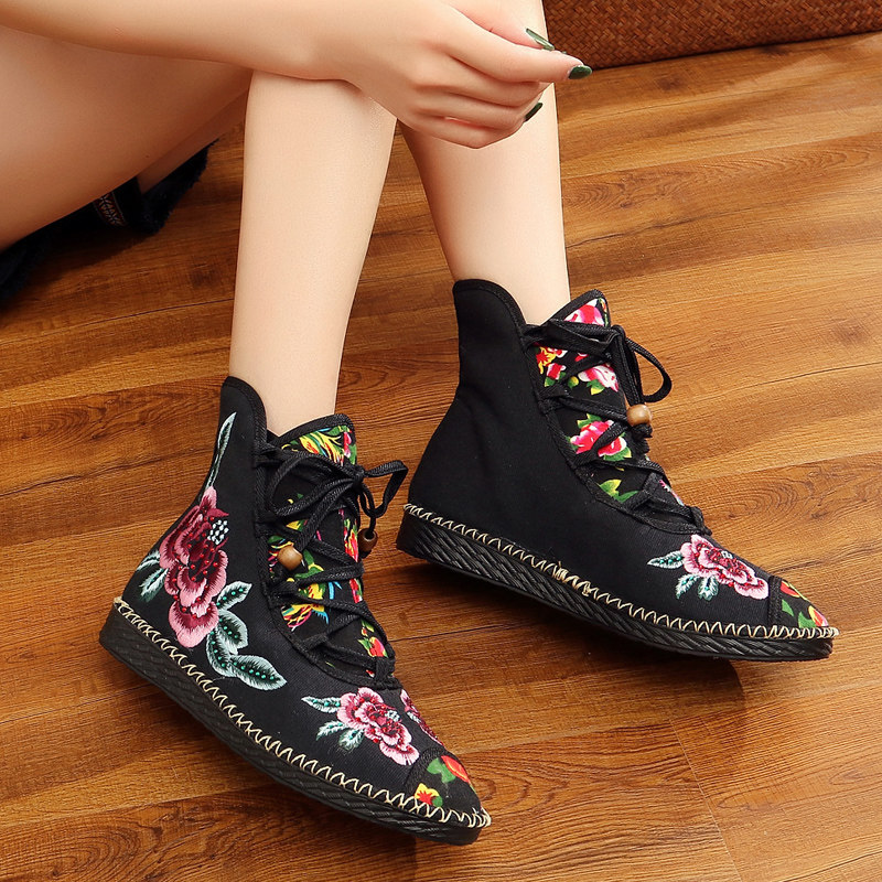 2024 NEW SINGLE BOOTS FLAT BOOTS OLD BEIJING CLOTH BOOTS SHORT BOOTS EMBROIDERED SHOES ETHNIC STYLE CROSS TIE LOW HEEL WOMENS BOOTS