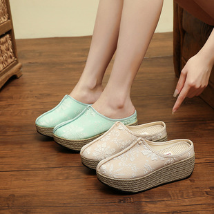 女夏外穿新款 民族风厚底包头半拖鞋 老北京松糕底增高休闲懒人布拖