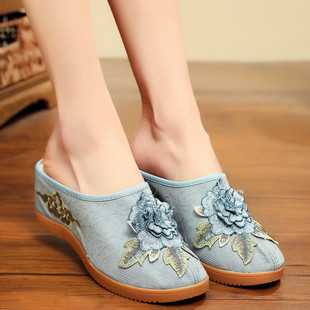 百搭民族风女凉拖鞋 增高时尚 外穿包头高跟绣花拖鞋 夏老北京布拖鞋