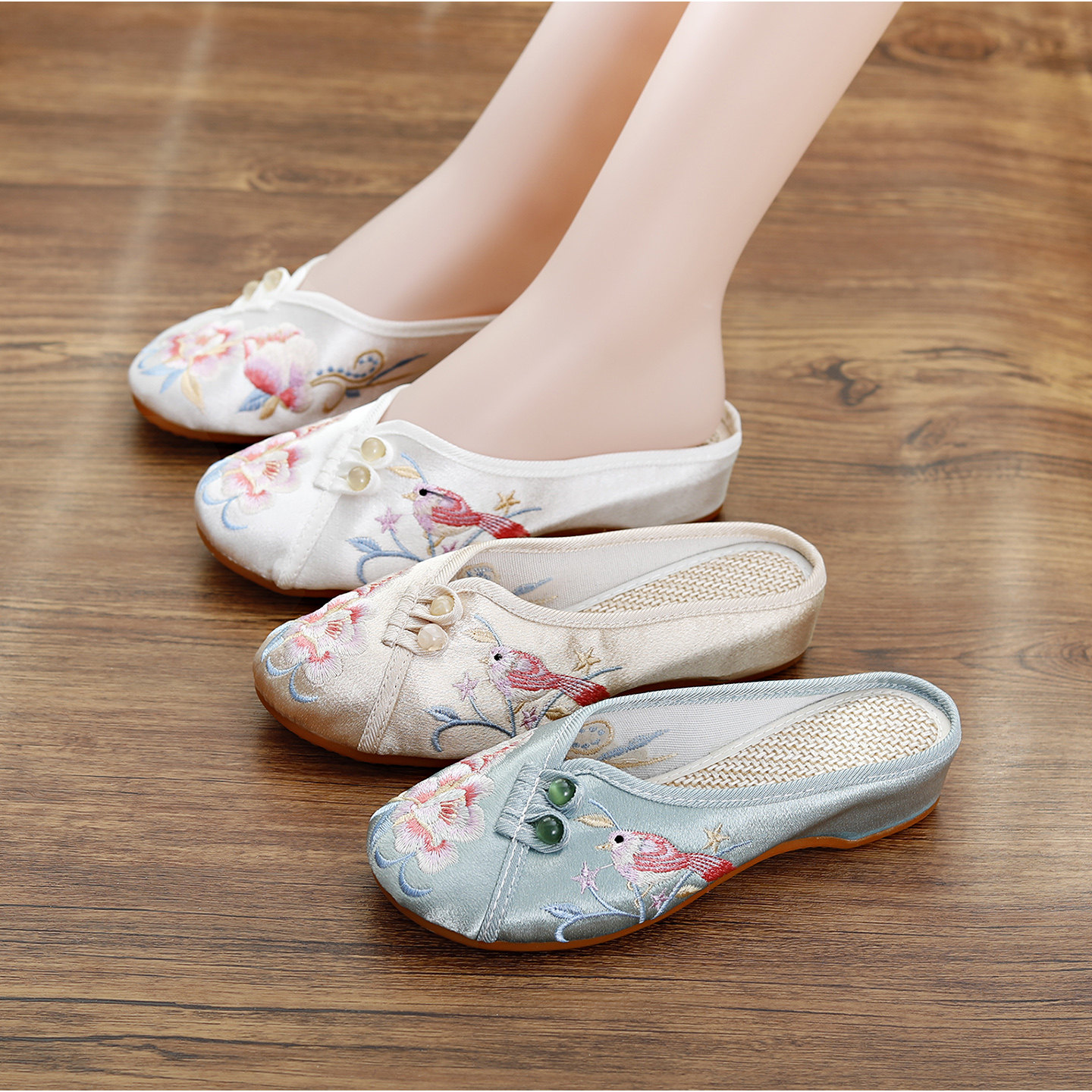 夏民族风绣花鞋女喜鹊刺绣古风老北京布鞋休闲包头凉拖鞋外穿半拖