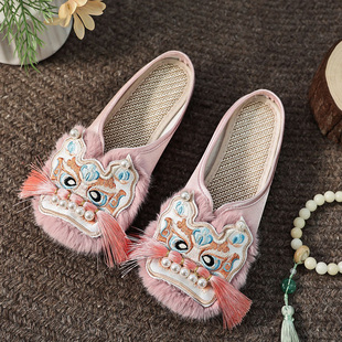 新款传统国风虎头拖鞋女手工新中式绣花鞋民族风老北京布鞋半拖鞋