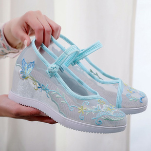 老北京布鞋女网纱绣花鞋内增高民族风汉服鞋子古装搭配旗袍的单鞋