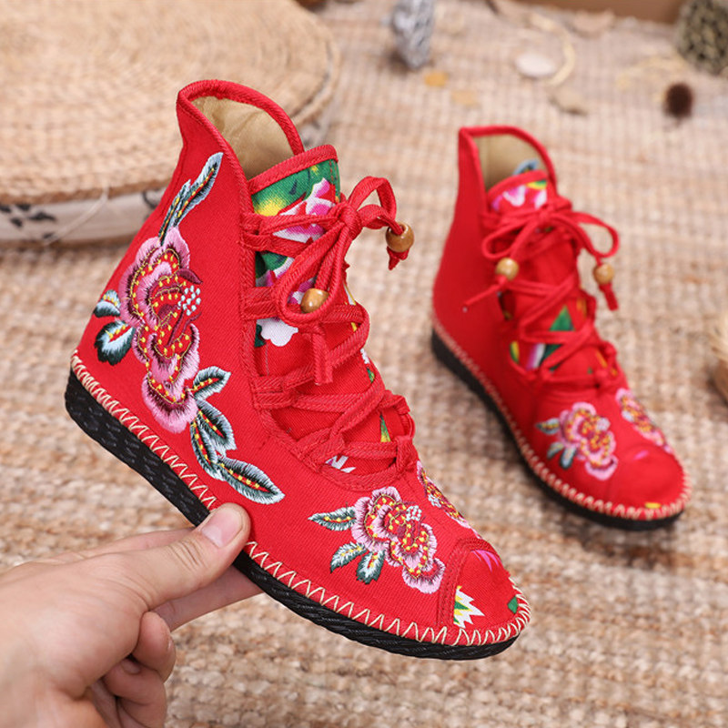 2024 NEW SINGLE BOOTS FLAT BOOTS OLD BEIJING CLOTH BOOTS SHORT BOOTS EMBROIDERED SHOES ETHNIC STYLE CROSS TIE LOW HEEL WOMENS BOOTS
